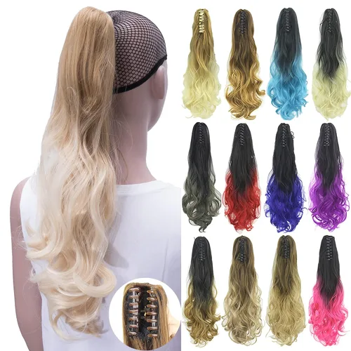Vista 17 de IMISSU Extensiones de cabello rizado con pinza de color degradado, cola de caballo con clip (rubio degradado)