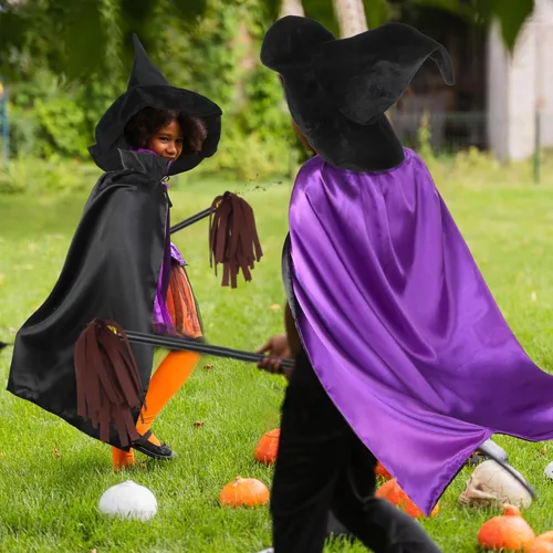 Vista 6 de Boyiee 3 piezas de disfraz de bruja para niños, capa reversible, sombrero de mago, escoba de mago, capa de vampiro para carnaval, Mardi Gras, Día