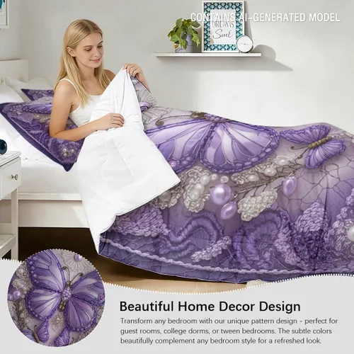 Vista 3 de Juego de edredón de mariposa tamaño individual, juego de ropa de cama estética morado, edredón de microfibra de mariposa lavanda con 2 fundas