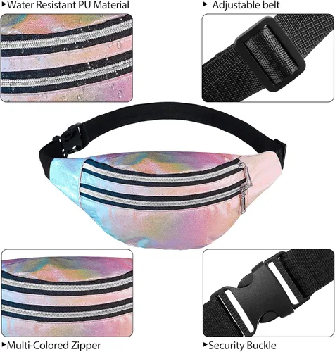 Vista 3 de Riñonera holográfica de 3 piezas para mujeres, hombres y niños, cintura deportiva de color metálico con bolsas y cinturón ajustable, paquete