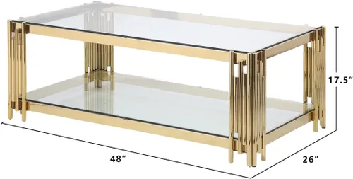 Vista 2 de Mesa auxiliar, mesa auxiliar moderna, parte superior de cristal, mesa de centro doble de acero inoxidable dorado para sala de estar