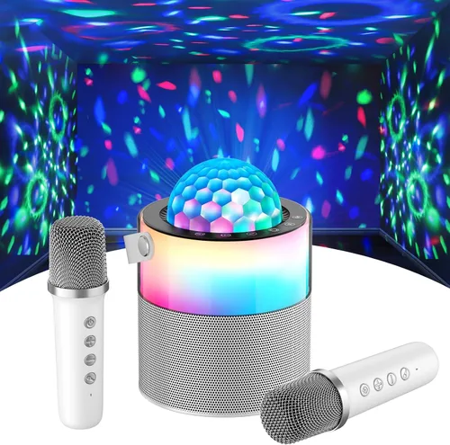 Vista 10 de Máquina de karaoke para niños, altavoz Bluetooth portátil con micrófono inalámbrico y luces LED, efectos de voz mágicos, para niñas, fiesta en casa