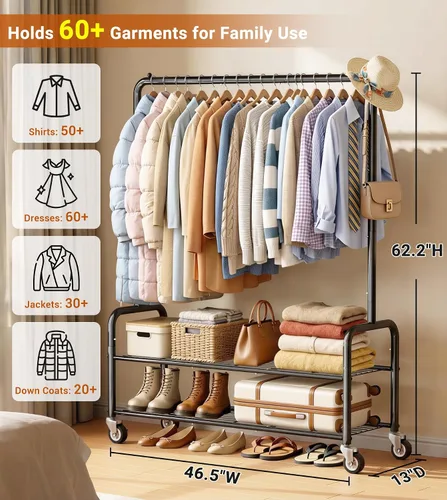 Vista 4 de AOODA Perchero resistente con estantes, estantes de ropa de metal de 46.5 pulgadas para colgar ropa, perchero con ruedas con cerradura para abrigos