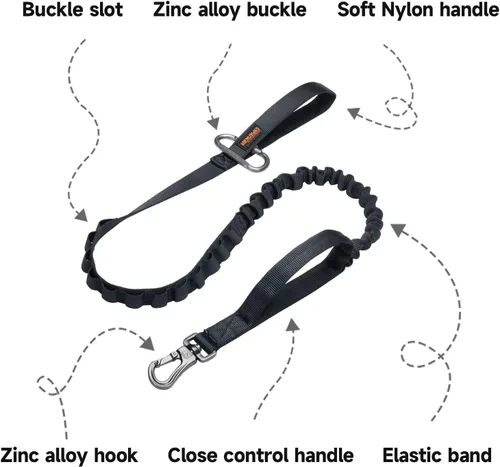 Vista 3 de EXCELLENT ELITE SPANKER Correa táctica elástica para perros con bungee, correa militar ajustable de liberación rápida con 2 asas de control (Negro)