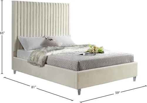 Vista 3 de Meridian Furniture CandaceCream-F Colección Candace Moderna Cama matrimonial tapizada de terciopelo contemporánea, tela de terciopelo crema
