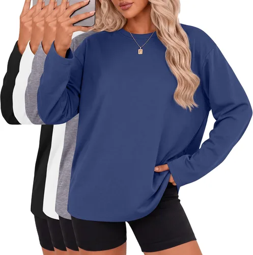 Vista 5 de Ficerd Paquete de 4 camisetas casuales de manga larga con cuello redondo