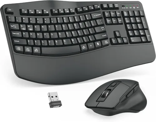 Vista 17 de Combo de teclado y mouse inalámbricos, teclado ergonómico de tamaño completo 2.4G con diseño de teclas onduladas y reposamuñecas, mouse ergonómico