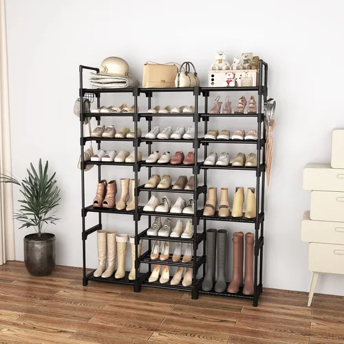 Vista 7 de Zapatero alto organizador de 9 niveles, 50 a 55 pares, zapatero grande para armario, entrada, garaje, almacenamiento grande de zapatos con ganchos