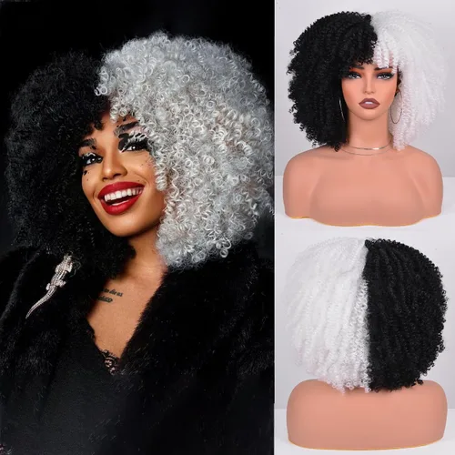 Vista 46 de Vitorish Peluca corta afro rizada con flequillo para mujeres negras, peluca sintética resistente al calor, color negro natural, para uso diario