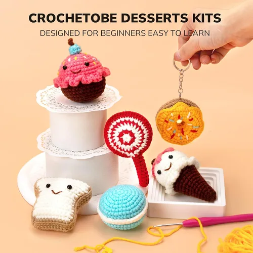 Vista 4 de Crochetobe Kit de ganchillo para adultos principiantes - 6 postres, kit completo con instrucciones detalladas, tutoriales en video
