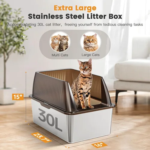 Vista 2 de Tripamin Caja de arena para gatos de acero inoxidable XL de 15 pulgadas, lados altos XXL de acero inoxidable con tapa, caja de arena de metal