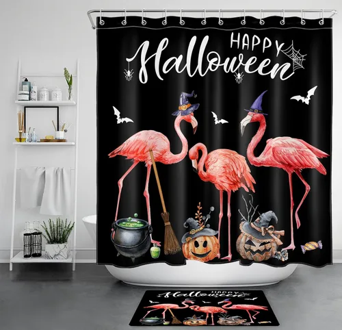Vista 20 de LB Cortina de ducha de feliz Halloween para baño, flamenco rosa y calabaza naranja con sombrero mágico, cortina de ducha de tela con ganchos, juego