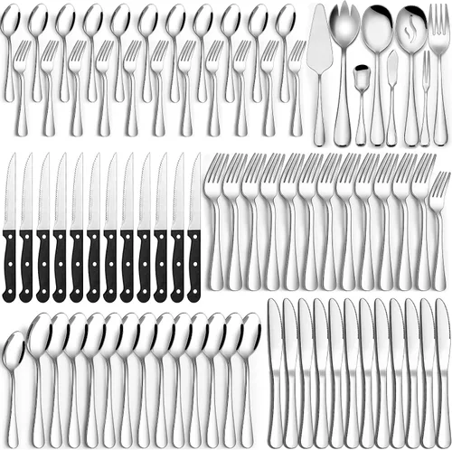Vista 8 de Juego de 68 piezas de cubiertos con juego de utensilios para servir, juego de cubiertos de acero inoxidable CEKEE para 12, juego de cubertería