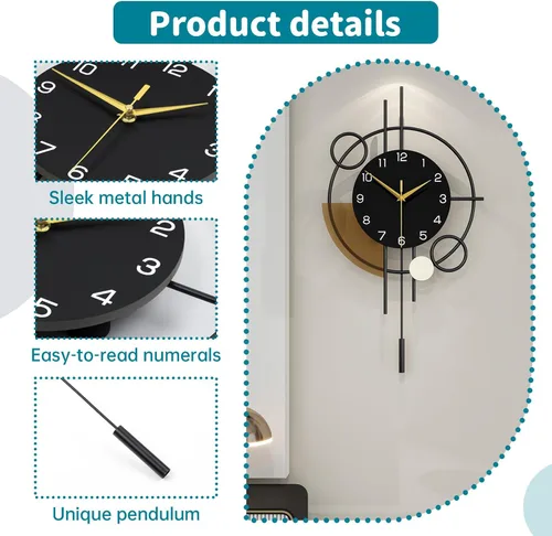 Vista 5 de Reloj de pared grande con péndulo decorativo, funciona con pilas Analog Silent Quartz Black Modern Clock for Living Room,Bedroom,Kitchen,Dining