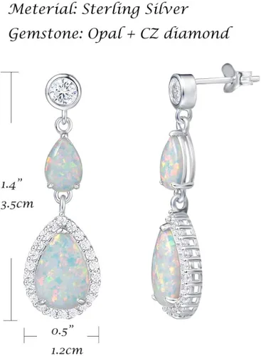 Vista 3 de FANCIME Aretes de plata de ley con ópalo blanco, piedra natal de octubre, ópalo de fuego, halo de gota de agua, forma de lágrima, aretes de ópalo