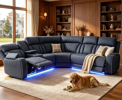Vista 52 de Juego de sofá seccional reclinable de cuero, sofá seccional con 4 sillones reclinables Juegos de muebles de sala con 3 reclinables, luz LED