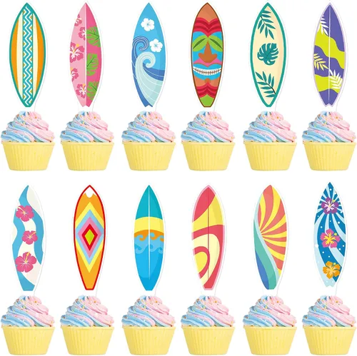 Vista 12 de Ercadio Paquete de 24 adornos para tartas de flamencos hawaianos con purpurina rosa, flamencos Luau, decoración hawaiana tropical de verano, Aloha