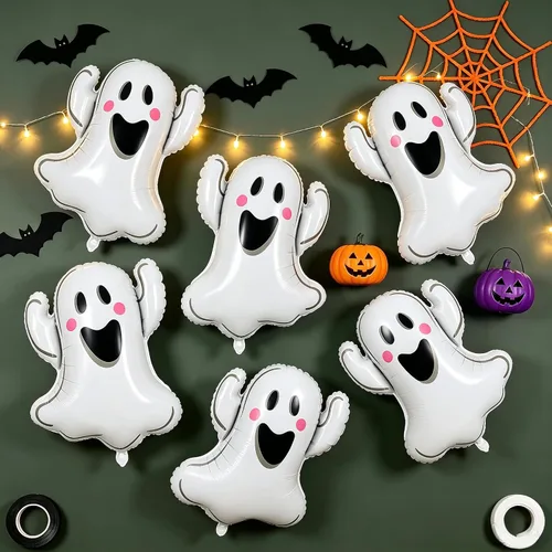 Vista 3 de 3 globos de fantasma de Halloween, globos de aluminio con forma de fantasma blanco, globos grandes de Mylar para decoración de fiesta temática