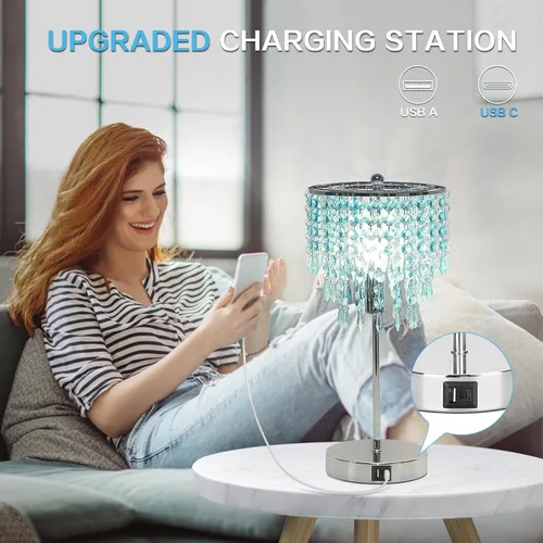 Vista 4 de Lámpara de mesa de cristal con control táctil, lámparas de mesita de noche con doble USB para dormitorio, lámpara de mesita de noche regulable de 3