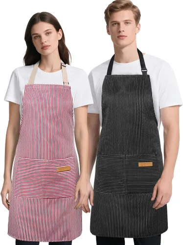 Vista 11 de Cardkiss Paquete de 2 Delantales de Cocina, Delantales Suaves para Mujeres y Hombres con 2 Bolsillos, Delantal de Chef con Correa Ajustable
