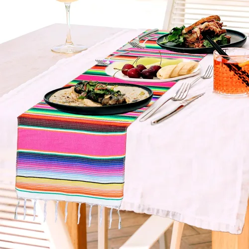 Vista 3 de Camino de mesa mexicano, paquete de 8 unidades, 14 x 110 pulgadas, decoración de fiesta temática mexicana grande para fiesta del Cinco de Mayo