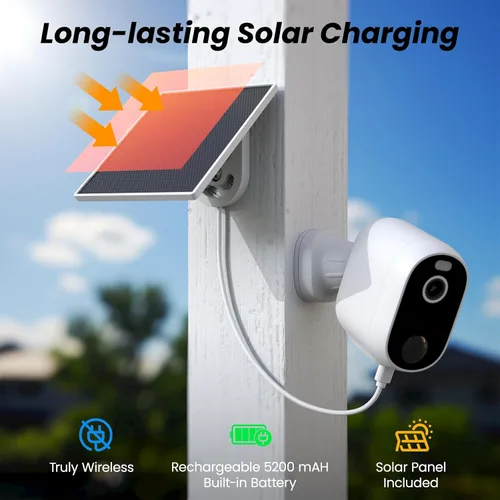 Vista 3 de INFIYA - Cámara de seguridad inalámbrica 2K para exteriores con energía solar para vigilancia del hogar con detección humana AI y notificaciones por