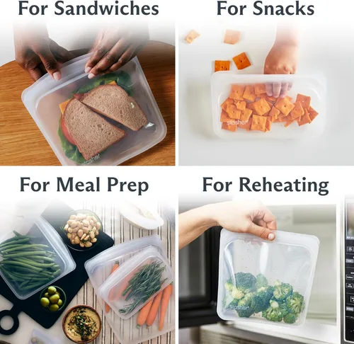 Vista 2 de Bolsas reutilizables de almacenamiento de alimentos Stasher de silicona premium, paquete de 4, transparentes, bolsas de almacenamiento de alimentos