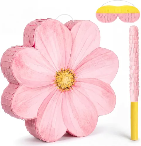Vista 8 de Aoriher Juego de piñata de margarita con venda y piñata de flor rosa Rosa intenso