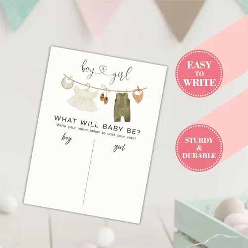 Vista 4 de Señal de voto de revelación de género de 11 x 15 pulgadas, tema de ropa de bebé, juego para fiesta de baby shower, letrero de "What will be