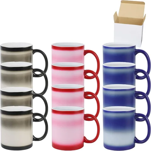 Vista 3 de Taza de sublimación cambiable de 11 onzas, 3 colores surtidos, negro, azul y rojo, empaquetada en caja blanca, caja de 12
