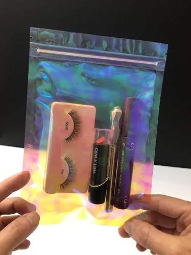 Vista 6 de Bolsa de embalaje resellable holográfica rosa transparente con cremallera para almacenamiento de alimentos, brillo de labios, pestañas, joyas