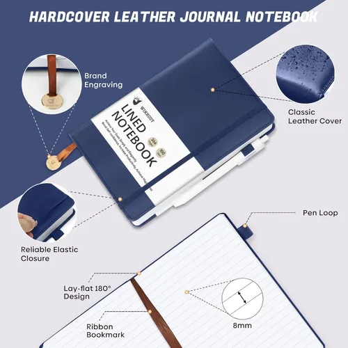 Vista 4 de Winkooy Cuaderno rayado, 366 páginas, 100 g/m² cuadernos con tapa dura de cuero para escribir, cuaderno clásico rayado A5 grueso para la universidad