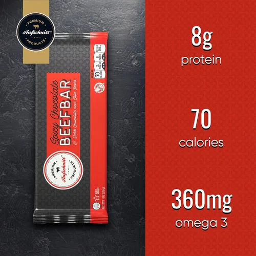 Vista 3 de Aufschnitt Barras de res de chocolate picantes con chocolate oscuro y semillas de chía Certificado Glatt Kosher Sin gluten, sin nitritos, 6