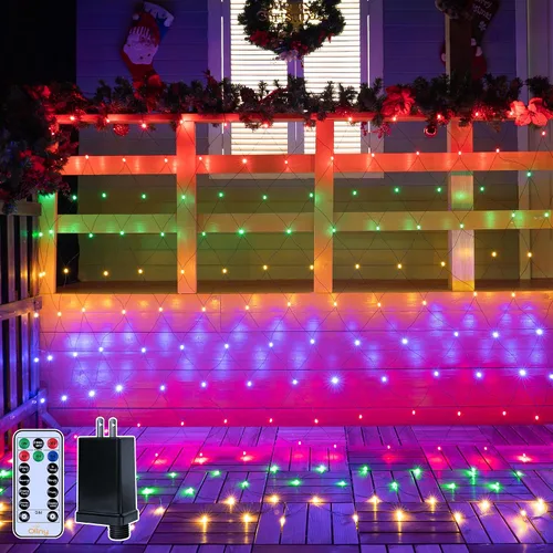 Vista 14 de Ollny - Luces de red para exteriores de 10 x 7 pies, 210 luces LED de cable transparente conectables, luces de red de Navidad con 8 modos, IP67