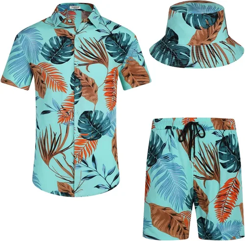 Vista 31 de EISHOPEER Conjunto hawaiano de flores para hombre, camisa de manga corta y pantalones cortos, trajes con sombreros de pescador