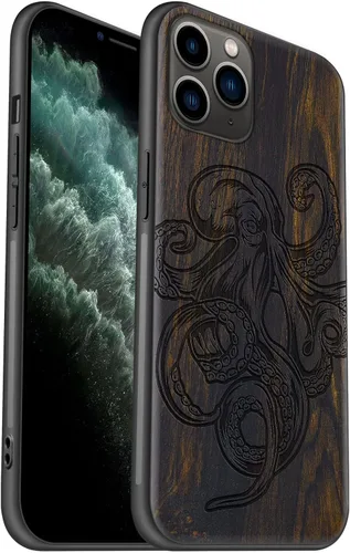Vista 10 de Carveit Funda de madera para iPhone 11 [madera natural y TPU suave negro] a prueba de golpes, protector de madera único para teléfono compatible