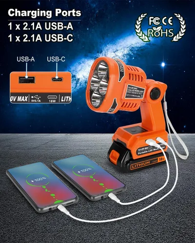 Vista 4 de Adisipsoarin Linterna LED inalámbrica para batería Black and Decker de 20 V, luz de trabajo LED de 22 W con puertos de carga rápida USB-A y USB-C