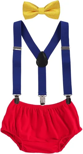 Vista 7 de Conjunto de ropa para festejar el primer cumpleaños de bebés, calzón pañalero con tirantes y corbata de moño. Beige & Blue