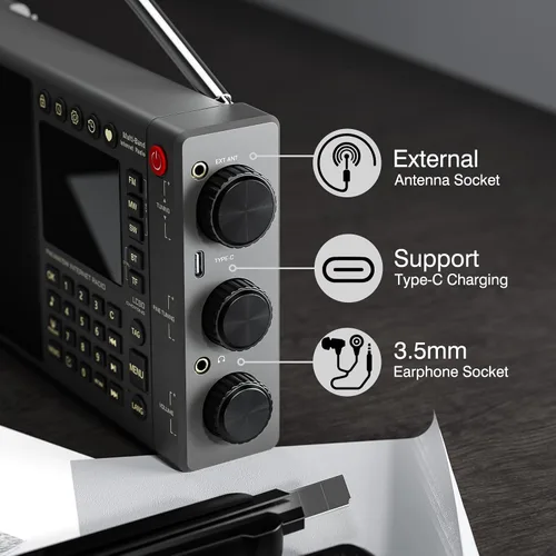Vista 4 de CHOYONG Radio de Internet LC90 Wi-Fi/4G, radio FM/LW/MW/SW portátil con batería recargable de 5000 mAh, estaciones de radio 40K, altavoz BT, reloj