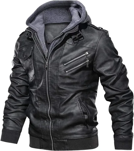Vista 2 de Hood Crew - Chaqueta bomber para hombre, casual, con cuello alto, cazadora de moto, de piel sintética de poliuretano, con cremallera y capucha
