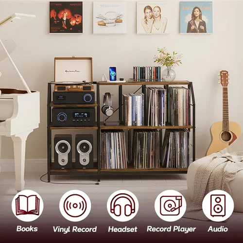 Vista 7 de Faesun - Soporte grande para tocadiscos con almacenamiento de discos de vinilo y tomas de corriente, gabinete de almacenamiento de más de 500 Marrón