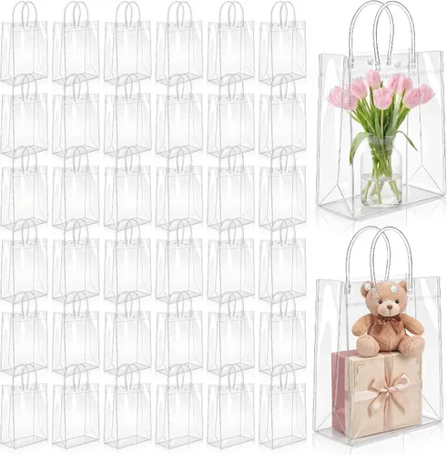 Vista 14 de LEIFIDE 50 bolsas de regalo de plástico transparente con asas, de PVC, reutilizables, transparentes, bolsas para dulces, escuela, fiesta