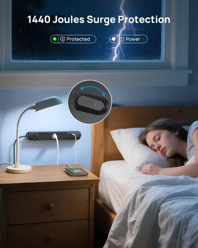 Vista 7 de Trond - Regleta protectora contra sobretensiones de montaje en pared con enchufe giratorio 360, 3 pies 4 AC, 3 USB-C & 1 USB-A, 1440J, 13A/1625W