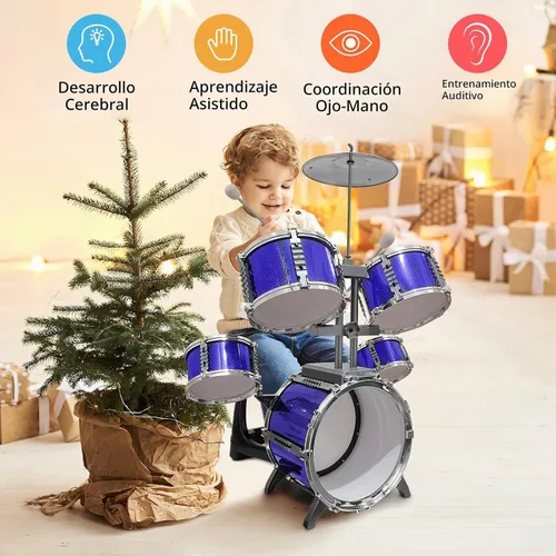 Vista 2 de Juego de batería para niños, 5 piezas, kit de batería de jazz con taburete Azul