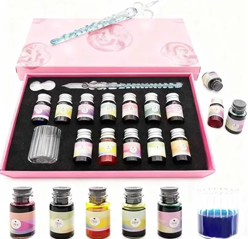 Vista 9 de Juego de bolígrafos de caligrafía - 12 tintas de colores, 2 bolígrafos de vidrio, soporte para bolígrafo, vidrio, bolígrafo de cristal para arte