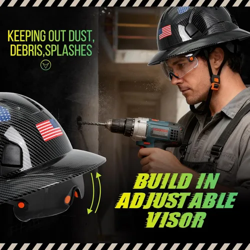 Vista 3 de Casco duro de ala completa con patrón de fibra de carbono con visera, casco de seguridad de construcción aprobado por la OSHA para hombres
