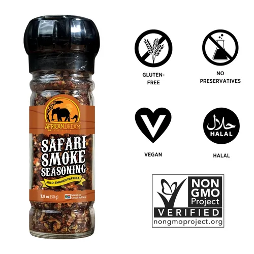 Vista 3 de African Dream Foods Mezcla de condimentos con humo Safari con pimientos ahumados, sal marina Ideal para carne, pollo, verduras Molinillo