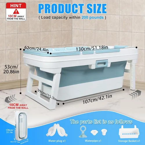 Vista 7 de 51 Inch Foldable Bathtub, Portable Adult Soaking Tub, Large Collapsible Freestanding Bath with Ergonomic Headrest, Space-Saving Design, Ice Bath &