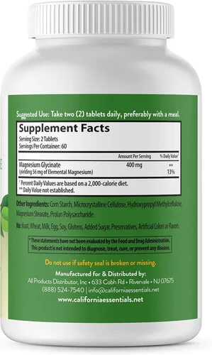 Vista 3 de Glicinato de magnesio 400 – Quelado, Magnesio de alta absorción para – Vegano, sin OMG, sin gluten 120 tabletas (60 porciones, tamaño de porción (2)