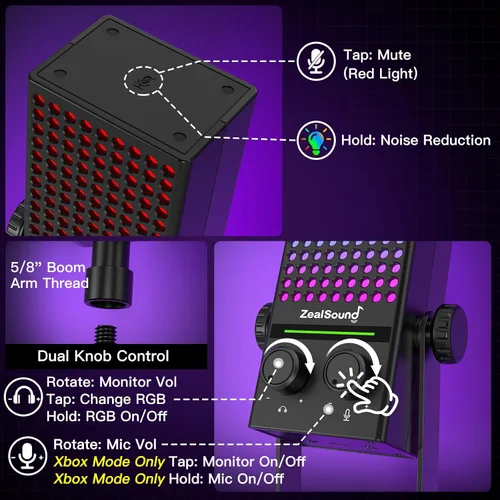 Vista 5 de ZealSound Micrófono USB para juegos para Xbox PC, Mac, iPhone y Android, micrófono de reducción de ruido con silencio de un toque, control